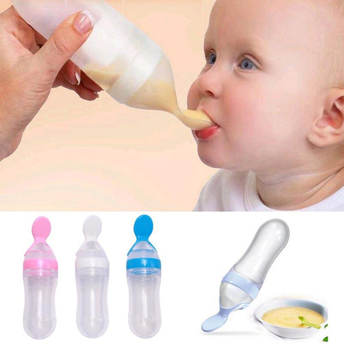 2037066_silicon-baby-food-feeder-bottle-rice-cereal-with-soft-squeeze-spoon-multicolor Silicon Baby Food feeder bottle rice cereal with soft squeeze spoon - Multicolor - Image 1